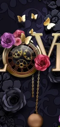 This beautiful phone live wallpaper features a romantic clock sitting atop a wall adorned with flowers