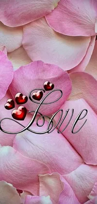 This mobile wallpaper features a romantic image of two heart shapes resting on a bed of soft petals