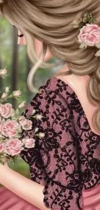 This phone live wallpaper showcases a digital rendering of a breathtaking woman in a pink dress holding a bouquet of flowers