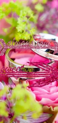 This mobile wallpaper features a digital rendering of two wedding rings atop a bouquet of flowers