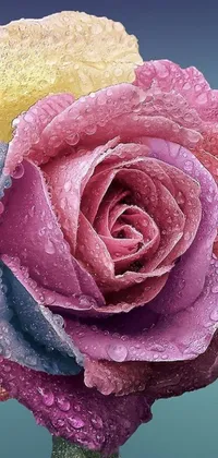This phone live wallpaper features a highly detailed close-up of a colorful rose with water droplets on its petals