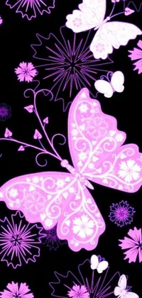 Looking for a stunning phone live wallpaper? Check out this beautiful design featuring a pattern of colorful butterflies and flowers set against a black background