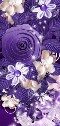 Purple Flower Live Wallpaper with Sparkling Gems and Decorative Roses on a Matching Background