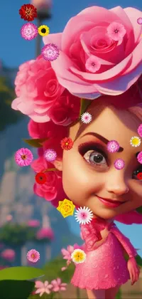 This stunning live wallpaper for your phone features a close-up of a doll with breathtaking flowers adorning her head