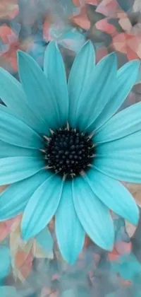 This phone live wallpaper showcases a stunning blue flower with sparkling turquoise petals, sitting atop a bed of green leaves and daisies