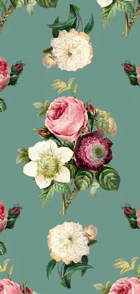 This phone live wallpaper is a beautiful digital rendering of pink and white flowers set against a blue background, inspired by intricate floral paintings of the baroque era