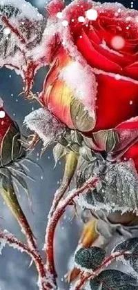 This phone live wallpaper depicts two highly-detailed red roses in the snow, captured in a close-up photograph by Mario Dubsky