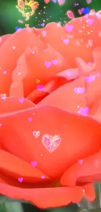 This phone live wallpaper offers a mesmerizing close-up of a rose with heart decorations in an enchanting and digitally rendered style