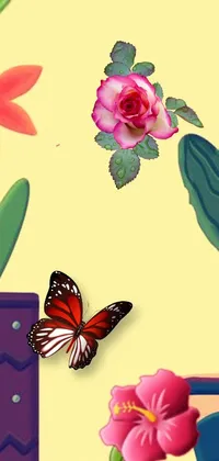This stunning phone live wallpaper showcases a vibrant digital painting of colorful flowers and a butterfly, surrounded by lush potted plants