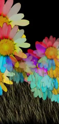 Brighten up your phone screen with this stunning live wallpaper! Featuring beautiful, colorful flowers atop a lush grassy field, this digital rendering inspired by video art is a true masterpiece