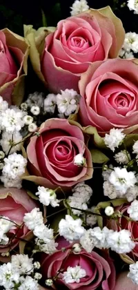This live wallpaper showcases a stunning bouquet of pink roses and white baby's breath, gently swaying in a warm breeze