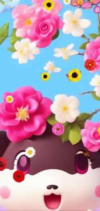 This live wallpaper for your phone features a charming teddy bear with flowery headwear in a digital painting style