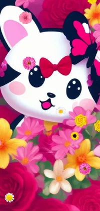 This gorgeous phone live wallpaper features a delightful close-up of a serene cat surrounded by vibrant flowers