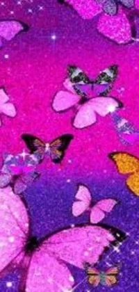 Give your phone screen a playful and colorful touch with this vibrant live wallpaper featuring cartoon-style pink and purple butterflies enhanced with a sparkling glitter gif effect