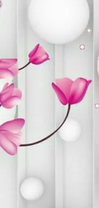 This phone live wallpaper features a white backdrop with elegant pink flowers adorning the foreground alongside mesmerizing bubbles floating all around