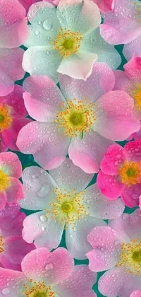 This exquisite live wallpaper for your phone is a sight to behold! A beautiful display of pink and white anemones fill your screen, with stunning attention to detail and realistic water droplets