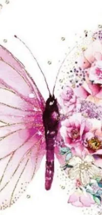 Get your phone ready for spring with this charming live wallpaper featuring a pink butterfly resting on pink flowers