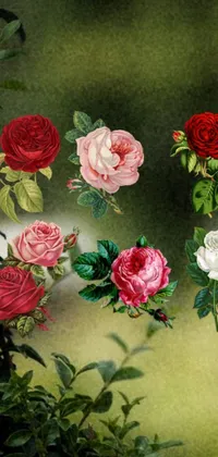 This phone live wallpaper features a beautiful digital painting of red roses on a lush green field