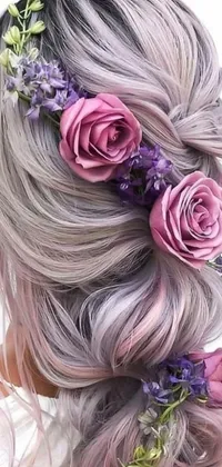 This charming live wallpaper features a woman with greyish ash blond hair, adorned with pastel roses and cherry blossoms in her hair