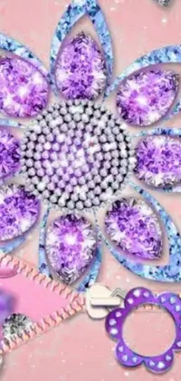 This spectacular phone live wallpaper showcases a striking purple flower embellished with glitter and crystals against a soothing pink backdrop