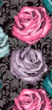 Looking for a stunning phone wallpaper that's elegant and eye-catching? Check out this beautiful live wallpaper featuring a baroque-style pattern of multicolored roses set against a black background