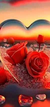 Looking for a phone live wallpaper? Look no further than this beautiful creation featuring a heart filled with red roses, set against a stunning sandy beach at sunrise