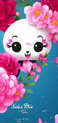 This charming phone live wallpaper showcases a playful panda resting among pink flowers on a serene blue backdrop