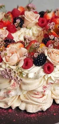 This live wallpaper features a majestic cake with a blend of flowers and berries surrounding it
