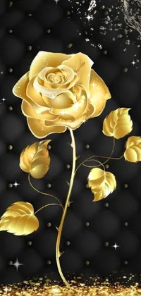 This phone live wallpaper features a captivating black and gold color scheme with a beautiful vector art gold rose as the centerpiece