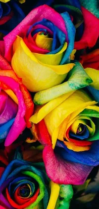 This mobile wallpaper is a colorized photo by Pexels featuring a close-up of multicolored roses on a rainbow background, full of vibrant colors and natural charm