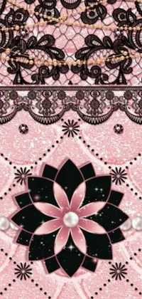This phone live wallpaper showcases a stunning digital rendering with a pink background, lace, and pearls