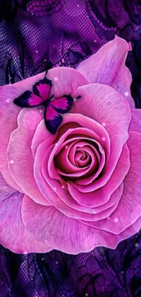 This vibrant live phone wallpaper showcases a pink rose with a butterfly perched on it, set against a digital rendering of violet polsangi pop art