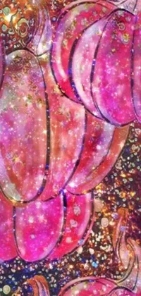 Looking for a stunning live wallpaper for your phone? Check out this mesmerizing composition featuring pink pumpkins, glittering ornaments, and vibrant stars floating in the universe