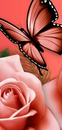 This beautiful phone wallpaper showcases a close-up digital art image of two striking red roses and a vibrant butterfly on a soft pink background