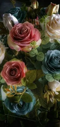 This phone live wallpaper features a vibrant and colorful bouquet of translucent roses arranged in an ornate manner