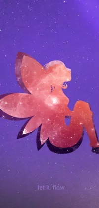 This live wallpaper features a surreal illustration of a woman sitting on a star-filled sky, surrounded by a space flower fairy