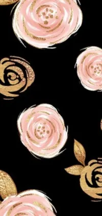 This phone live wallpaper features black background, pink roses, and gold leaves designed by a talented artist