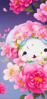 This phone live wallpaper features a charming close-up of a feline with sakura flowers and a cute 3D render