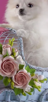 This live wallpaper for your phone showcases a charming digital art of a small white dog seated in a toy carriage accompanied by a pink rose, soft feather and wicker art