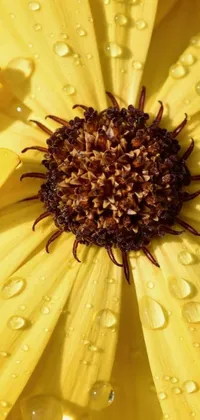 This live wallpaper features a high-quality macro photograph of a closeup yellow helianthus flower with water droplets