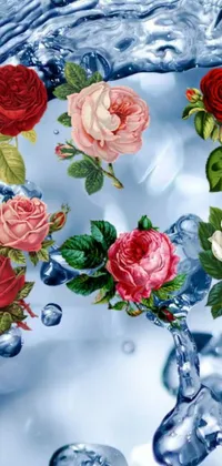 This phone live wallpaper showcases a digital painting of exquisite roses submerged in water, complemented by a stunning background of raining water drops