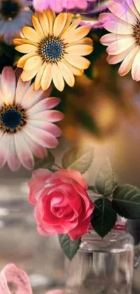 The phone live wallpaper features a stunning vase filled with a mix of pink and yellow flowers, including daisies and roses