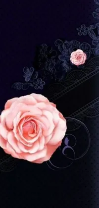 This beautiful digital art live wallpaper features a close-up of a stunning pink rose on a dark blue background, adorned with peach embellishments and delicate flower decorations