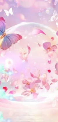 This phone live wallpaper features a glass bowl filled with pink flowers and butterflies set against a light pink background