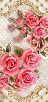Elevate your phone's visual appeal with this stunning live wallpaper featuring pink roses in a gold frame on a white background