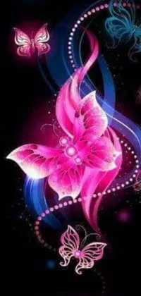This live phone wallpaper showcases a stunning pink flower and butterflies against a black backdrop in a digital art format