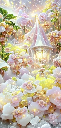This live phone wallpaper showcases a stunning fairy castle, surrounded by vibrant flowers that add a playful and whimsical touch