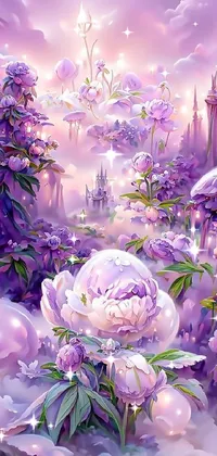 This phone live wallpaper features a beautifully detailed painting of a flower garden with a majestic castle in the background