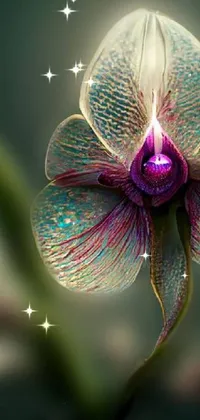 This dynamic live wallpaper for your phone features a strikingly detailed close up of a flower - an orchid made of mother of pearl with delicate lines