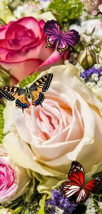 This live phone wallpaper showcases a stunning and vibrant bouquet of flowers with delightful butterflies surrounded by roses in the background